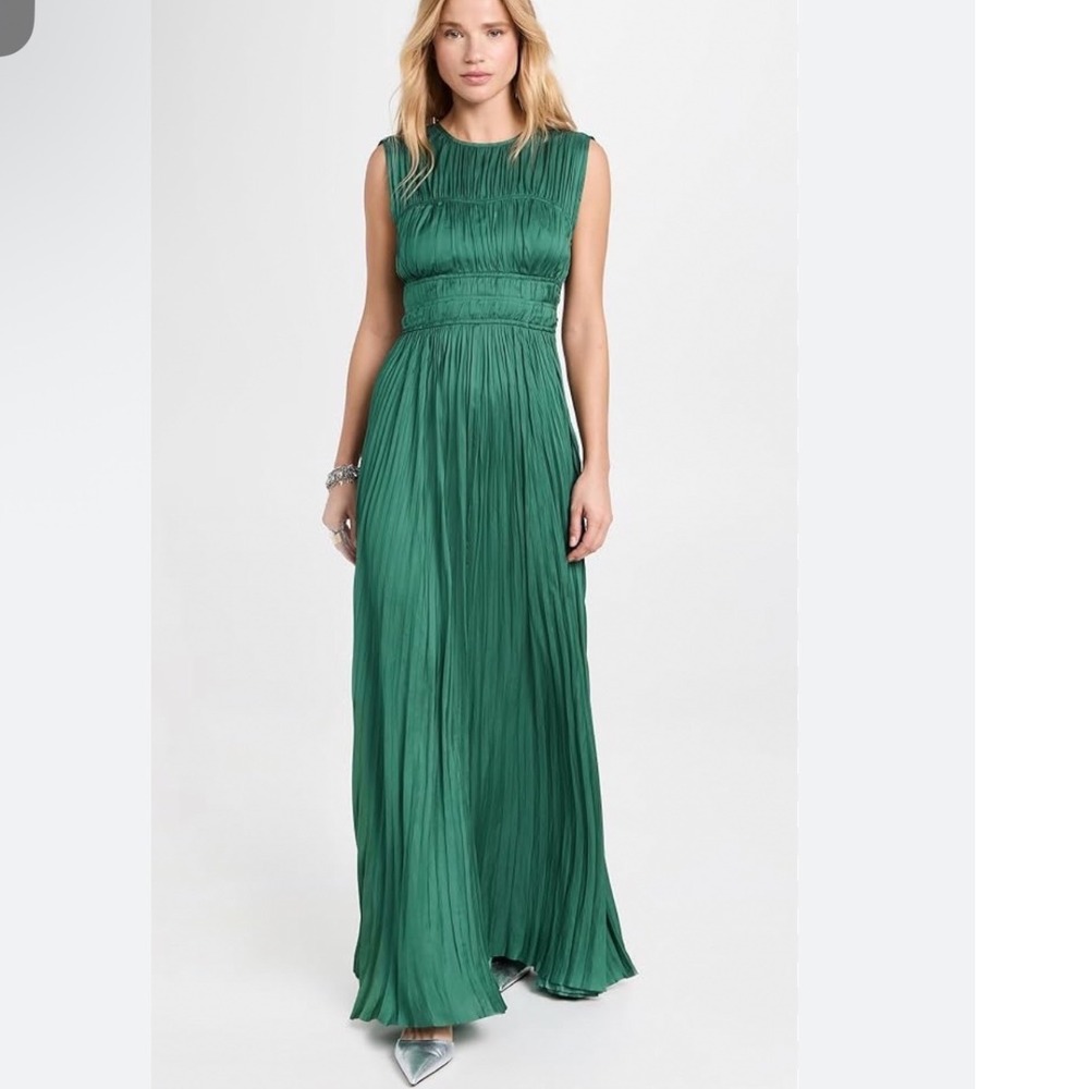 Ulla Johnson Delia Gown Jadeite Green Pleated Satin Maxi Dress Sleeveless Gown - Picture 2 of 10